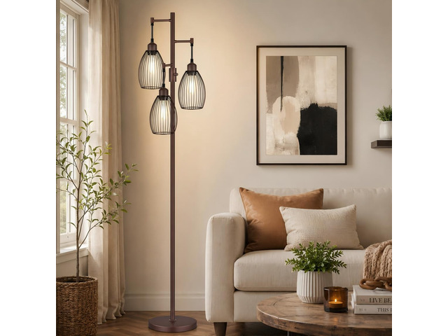 Dimmable Floor Lamp,3x800LM LED Bulbs Included, Farmhouse Industrial Floor Lamp Standing Tree Lamp with Teardrop Cage Head Tall Lamp for Living...