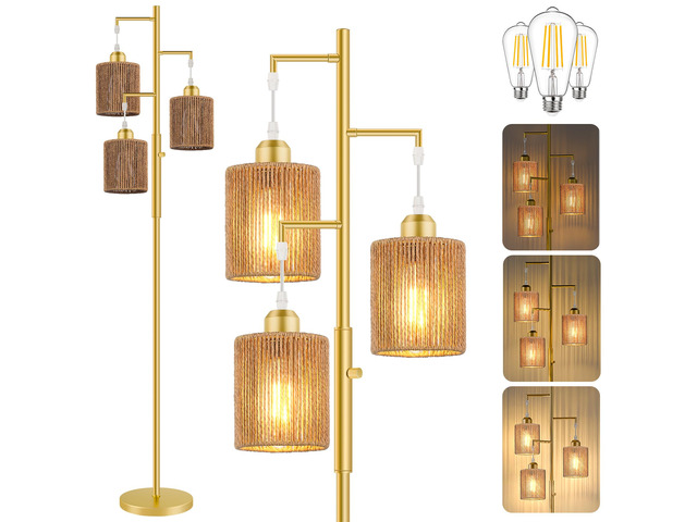 72' Boho Rattan Tree Floor Lamp, Tall Dimmable Industrial Standing Lamp, Corner Decor Accent Lighting for Living Room, Bedroom, Dining Room,...