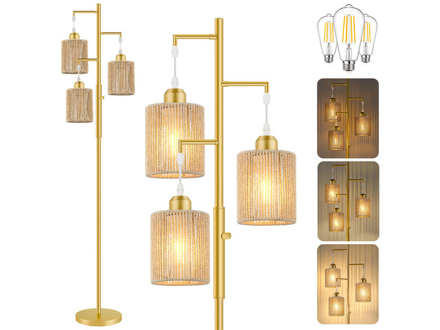 72' Boho Rattan Tree Floor Lamp, Tall Dimmable Industrial Standing Lamp, Corner Decor Accent Lighting for Living Room, Bedroom, Dining Room,...