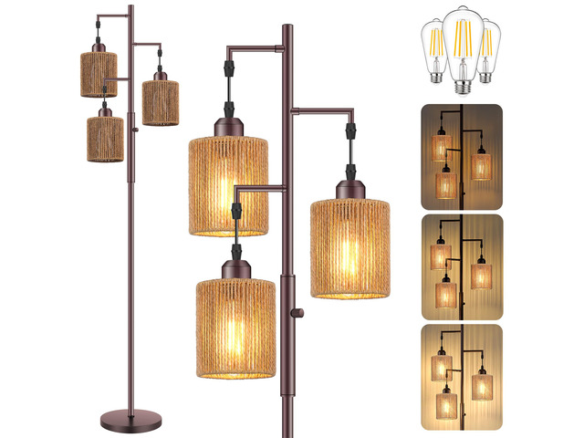 72' Boho Rattan Tree Floor Lamp, Tall Dimmable Industrial Standing Lamp, Corner Decor Accent Lighting for Living Room, Bedroom, Dining Room,...