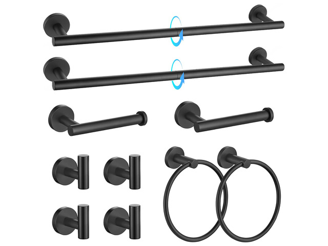 Matte Black Bathroom Hardware Accessories Set 10-Pieces, Premium SUS304 Stainless Steel Bathroom Towel Bar Holder Set 23.6 Inch Round Towel Racks...