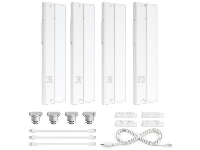 Halo 12-Inch LED Under Cabinet Lights, 4-Pack, 3-CCT, White 2700K/4000K/5000K, dimmable, hardwired/plug-in. Model: UC0112WH274L