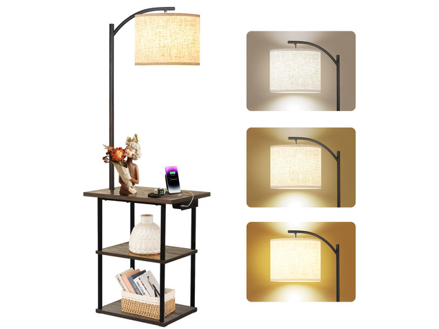 Floor Lamp with Table, End Tables with Charging Station USB, Type-C & AC Outlet; 3 Color Temperatures 9W LED Bulb, Modern Side Table with 3 Shelves...