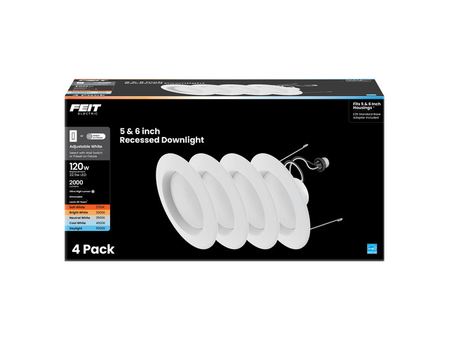 5/6in LED Recessed Downlight Retrofit Kit, 120W Eq, 4 Pack Dimmable, Adjustable White 2700K5000K, 2000 Lumens, Ideal for Larger Spaces or High...