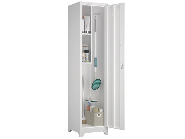 Slim Broom Storage Cabinets, Metal Cabinet with Shelves and Hanging Rod, 15.75' W Utility Storage Cabinet with Locking Door, Slim Cabinet for Small...