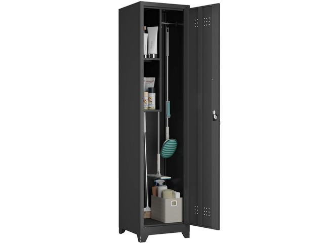 Utility Closet for Cleaning Supplies, Black Metal Storage Cabinet 65 H Broom Closet Storage Cabinet with Hanging Rod, Skinny Cabinet with Lock,...