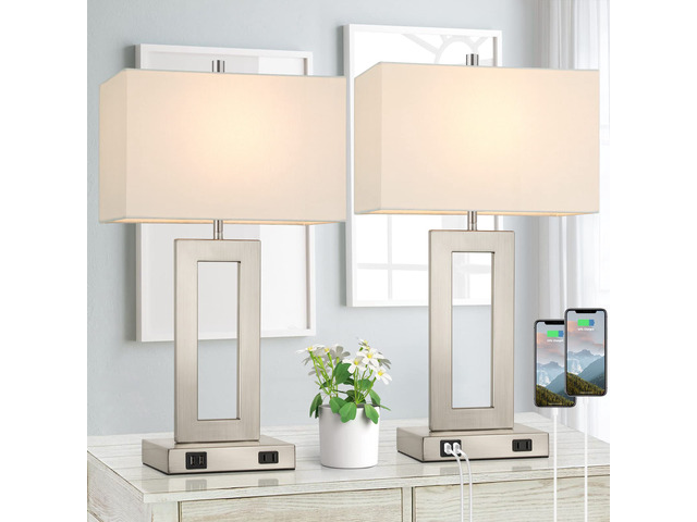 22' Silver Modern Table Lamp Set of 2 with 2 USB Ports & AC Outlet 3 Way Dimmable, Touch Control, White Fabric Shade, E26 Base, Desk Lamp for Living...