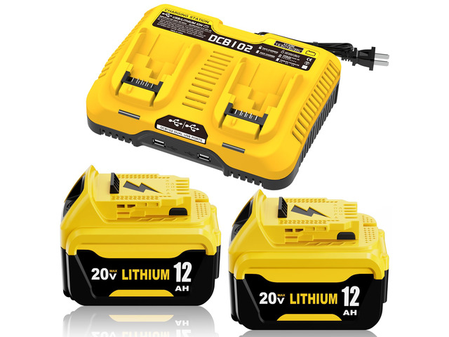 2Packs 12.0Ah DCB206 Replacement for Dewalt 20V Battery and DCB102 Charger Compatible with Dewalt 20V Battery Lithium DCB203 DCB207 DCB204 DCB201...