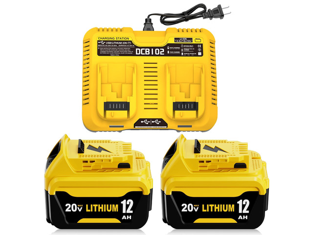 2Pack 12000mAh DCB206 Replacement for Dewalt 20V Battery and DCB102 Charger Compatible with Dewalt 20V Max Battery DCB203 DCB207 DCB200 DCD DCF DCG...