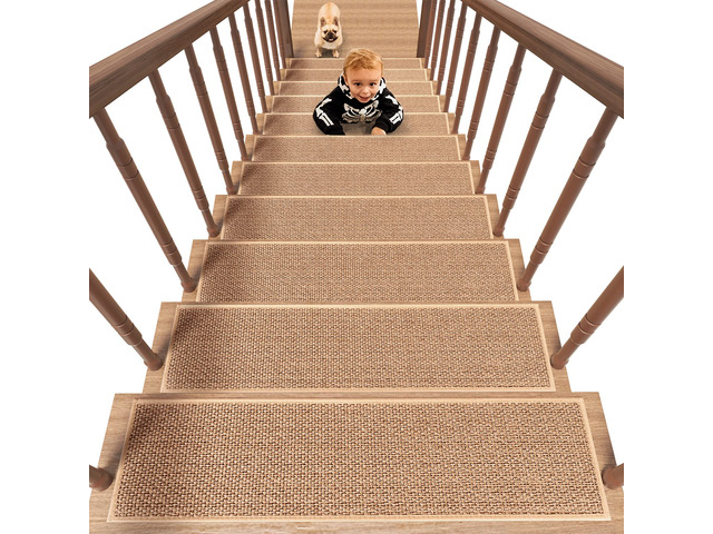 Non Slip Stair-Treads, Rubber Backing Stair-Runners for Wooden Steps 15PCS Residue Free Carpet Stair Treads for Kids and Dogs 8'x30' Beige