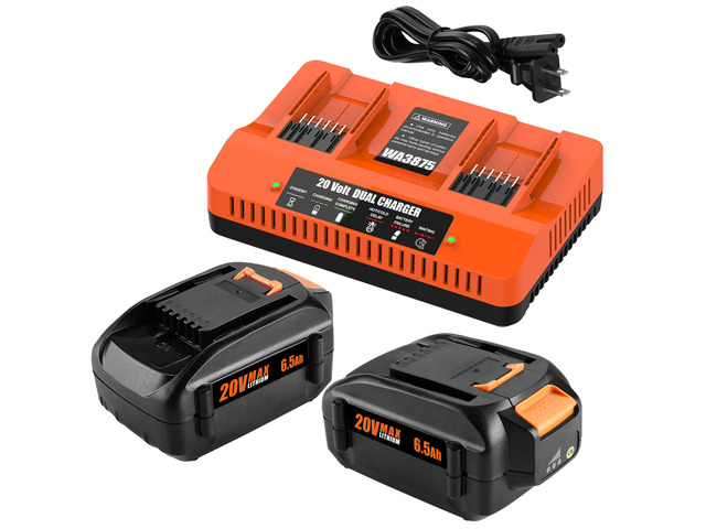 2 Pack 6.5Ah Replacement for Worx 20V Battery and Dual Charger 20V Lithium Battery Compatible With Worx 20V, 2 Batteries With Dual Charger, For...