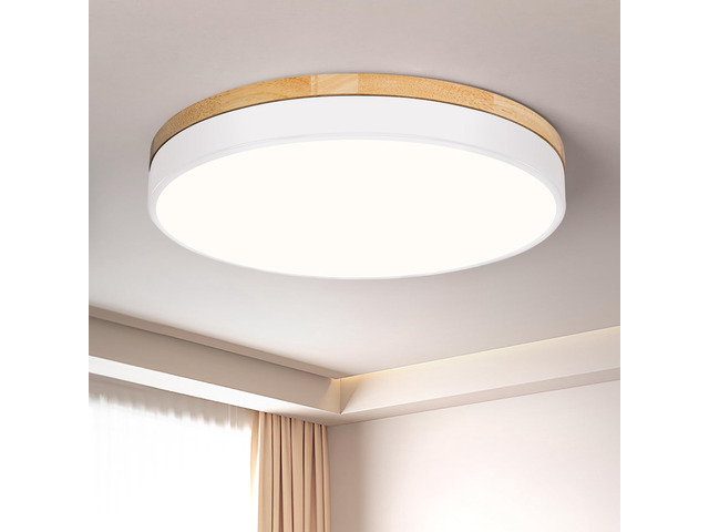 Modern Wood White Flush Mount Ceiling Light 15.75 Inch Round LED Low Profile Lighting Fixture For Kitchen Bedroom Bathroom Laundry Hallway Entryway...