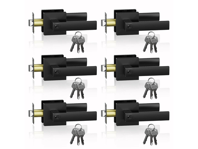 Matte Black Door Handle Heavy Duty,Different Key Entry Door Lever Door Knobs with Lock and Key, Square Door Lever for Bedroom, Bathroom and Front...
