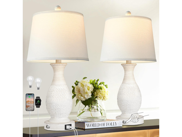 Set of 2 Table Lamps with USB C+A Fast Charging Ports, 26' Tall Farmhouse Living Room Lamp with 3-Way Dimmable Nightstand Lamp White Fabric Shade...