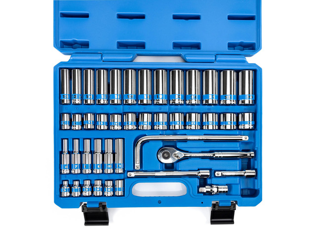 02512A 3/8 Drive Socket Set with Quick Release Ratchet (90 Tooth), 43 Piece Standard and Deep Metric Sizes, 6mm to 24mm, 6 Point, Universal Joint,...
