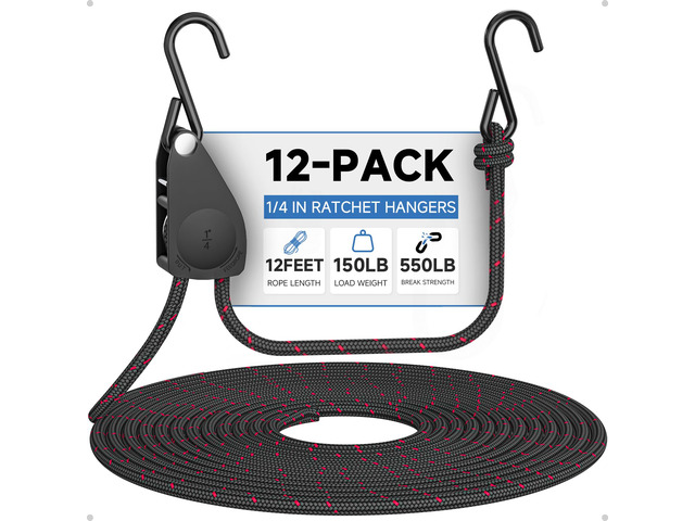 Rope Tie Downs Small Ratchet Straps, Adjustable Grow Light Hangers 12-Pack of 1/4' 12FT 150LB Load Capacity, Smooth Ratcheting Quick Release,...