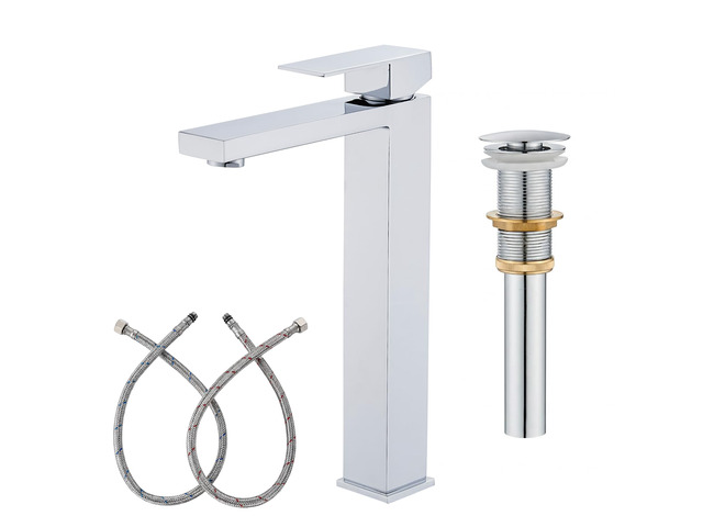 Chrome Vessel Sink Faucet, 1 Hole Single Handle Tall Faucets Vanity Modern Utility Rv Laundry Bath Restroom Mixer Tap with Metal Pop Up Drain and 2...