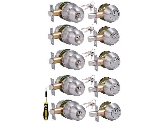 (5 Sets) All Keyed Same Entry Door Knob and Single Cylinder Deadbolt Combo Set, Satin Nickel Exterior Door Knobs with Lock and Keys for Entrance...