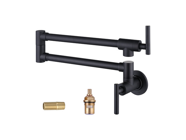 Pot Filler Faucet Matte Black, Brass Pot Filler Wall Mount Kitchen Stove Faucet with Double Joint Swing Arms