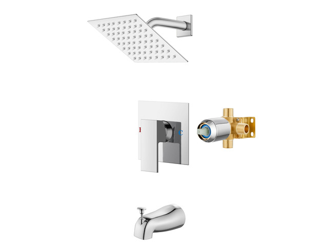 6 Inch Shower Faucet Set,Bathtub Faucet Kit,Chrome Polish Shower Tub Faucet Set,Male Threads Rough-In Valve,Square Head Shower System