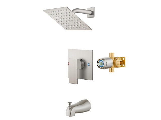 6 Inch Shower Faucet Set,Bathtub Faucet Kit,Brushed Nickel Shower Tub Faucet Set,Male Threads Rough-In Valve,Square Head Shower System