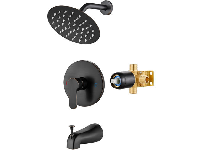 Shower Faucet Set with Tub Spout,6' Bathtub Faucet-Oil Bronze Male Threads Rough-In Valve,Round Head Shower System,Tub and Shower Kit Set