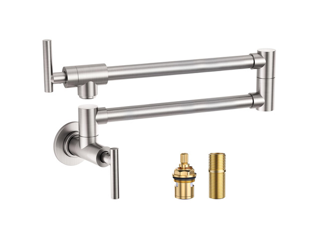 Pot Filler Faucet Brushed Nickel: Stainless Steel Pot Filler Over Stove, Wall Mounted Kitchen Folding Faucet with Double Joint Swing Arms