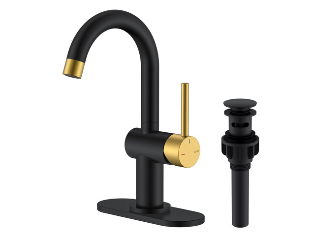 Black and Gold Single Handle Bathroom Faucet, 1 Hole Vanity Faucet Bathroom Sink Faucet with Pop Up Drain & 6 Inch Deck Plate, Lead-Free cUPC & NSF...