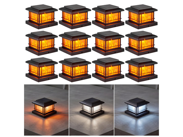 Flickering Flame Solar Post Cap Lights Outdoor, Black Post Lights with 3 Color Temperature, Fits 3.5' 4' 4.5' 5' Wood/Vinyl Posts, IP64 Waterproof...