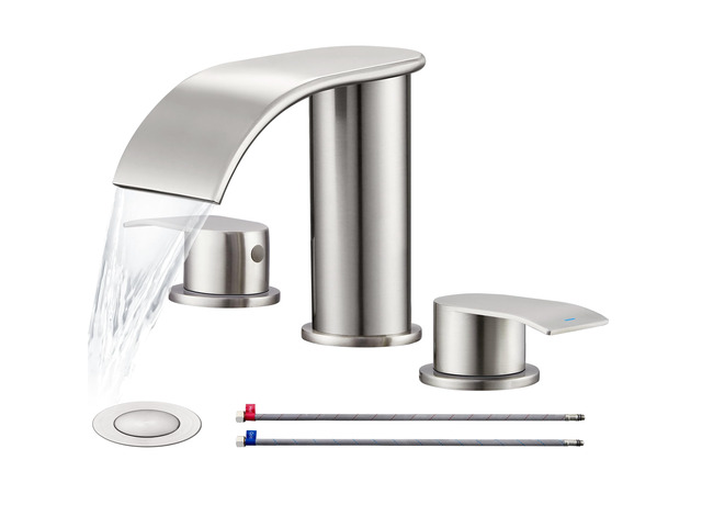 Bathroom Faucet Brushed Nickel, 8 inch Waterfall Faucet Waterfall Bathroom Faucet with Metal Pop-up Sink Drain and 2 Supply Hoses,2 Handle...