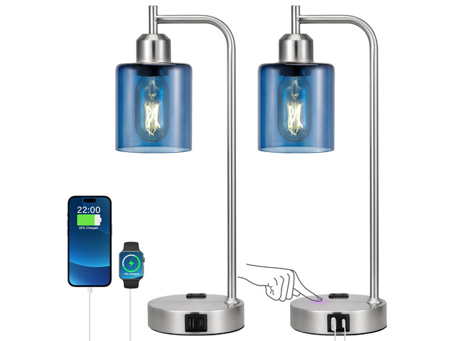 Industrial Blue Table Lamps for Bedrooms Set of 2-3-Way Dimmable Desk Lamp with USB C+A Ports and Outlet, Nickel Lamps with Green Glass Shade for...