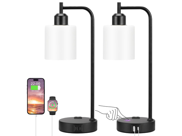 Industrial Touch Bedside Lamps for Bedrooms Set of 2 - 3-Way Dimmable Nightstand Lamps with USB C+A Ports and Outlet, Table Lamps with Opal Glass...