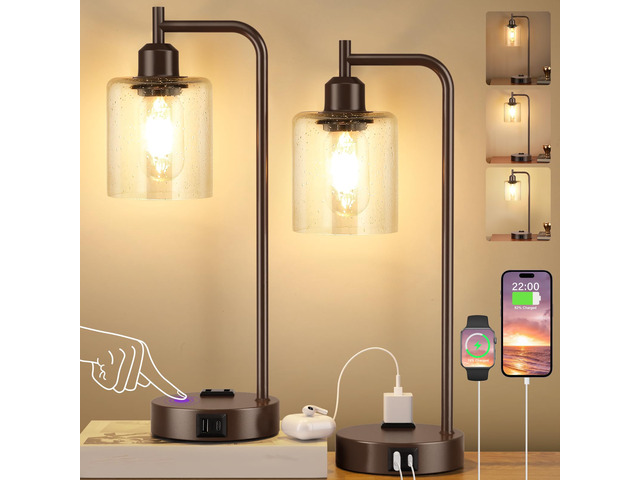 Industrial Touch Table Lamps - 3-Way Dimmable Desk Lamps Set of 2 with USB C+A Ports and Outlet, Brown Bedside Lamps with Clear Glass Shade for...