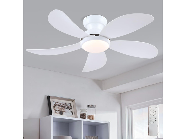 42' White Modern Low Profile Flush Mount Ceiling Fans with Lights Super Large Airflow with 6 Wind Speeds, Reversible, Dimmable 3 CCT LED, 30W...