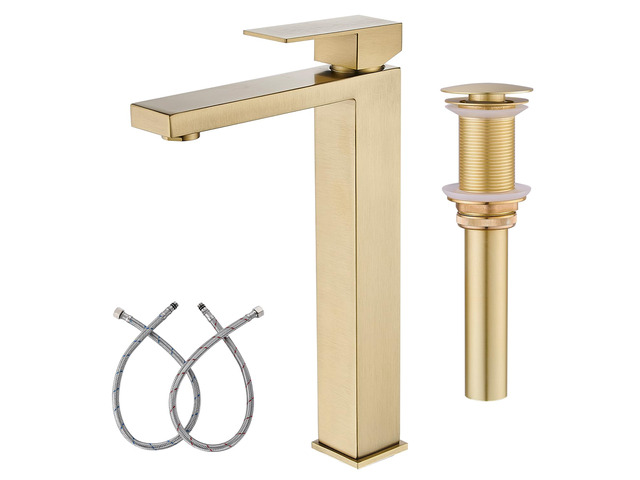 Brushed Gold Vessel Sink Faucet, 1 Hole Single Handle Tall Faucets Vanity Modern Utility Rv Laundry Bath Restroom Mixer Tap with Metal Pop Up Drain...