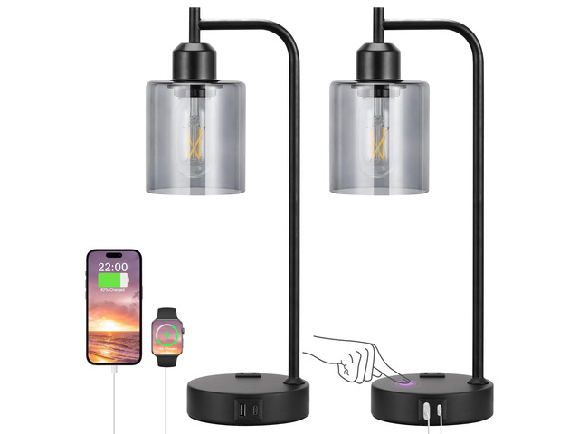 Industrial Touch Bedroom Lamps for Bedrooms Set of 2-3-Way Dimmable Table Lamps with USB C+A Ports and Outlet, Bedside Lamps with Gray Glass Shade...