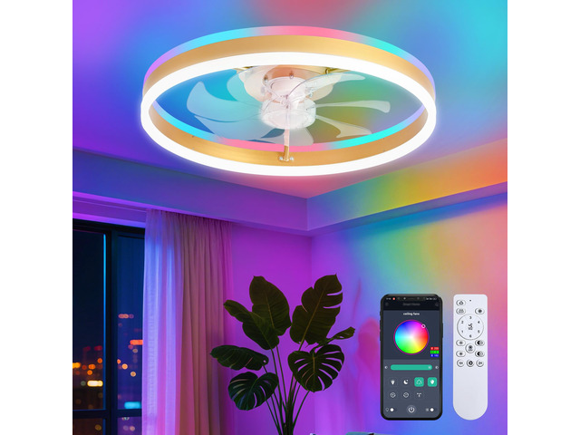 RGB Ceiling Fan with Light, Low Profile Ceiling Fans, Gold 20 Flush Mount Bladeless Ceiling Fan, Remote and APP Control,Modern Small Fandelier for...
