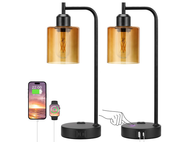 Industrial Touch Nightstand Lamps for Bedrooms Set of 2 - 3-Way Dimmable Table Lamps with USB C+A Ports and Outlet, Bedside Lamps with Amber Glass...