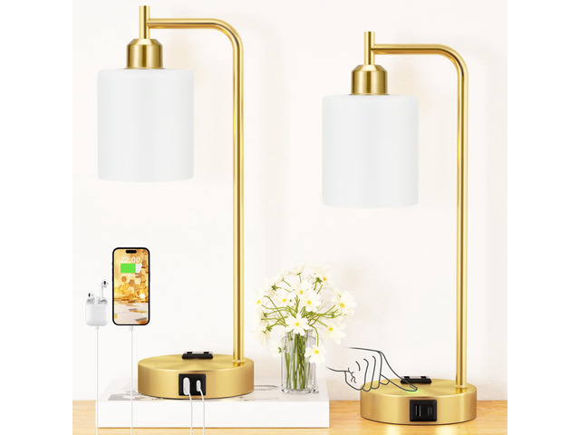 Industrial Gold Table Lamps for Bedrooms Set of 2-3-Way Dimmable Desk Lamp with USB C+A Ports and Outlet, Gold Lamps with Opal Glass Shade for...