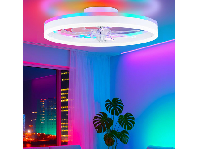 RGB Ceiling Fan with Light, Low Profile Ceiling Fans, White 20'' Modern Flush Mount Bladeless Fan Light, Remote APP Control, Dimmable, Fandelier...