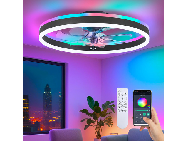 RGB Ceiling Fan with Light, Low Profile Ceiling Fans, Black 20 Flush Mount Bladeless Ceiling Fan, Remote and APP Control,Modern Small Fandelier for...