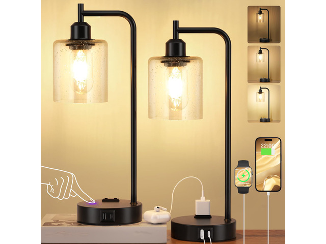 Industrial Touch Table Lamps for Bedrooms Set of 2 - 3-Way Dimmable Lamps with USB C+A Ports and Outlet, Black Bedside Lamps with Seeded Clear...