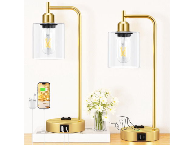 Industrial Gold Table Lamp for Bedrooms Set of 2-3-Way Dimmable Desk Lamp with USB C+A Ports and Outlet, Gold Lamps with Clear Glass Shade for...