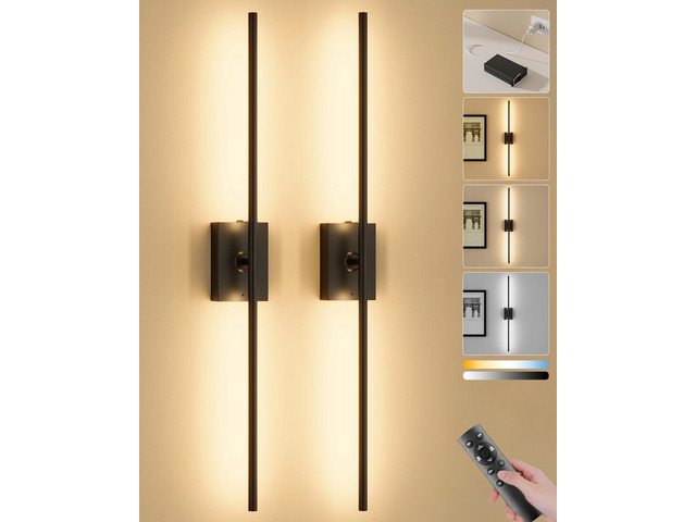 Battery Operated Wall Sconces Set of 2, Remote Control, 10000mAh, Black Wireless Rechargeable 3000-6000K Dimmable 350° Rotate Wall Light with...