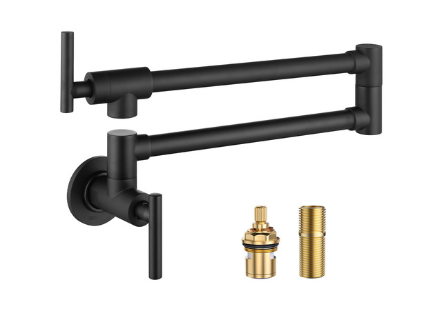 Black Pot Filler Faucet - 304 Stainless Steel Pot Filler Over Stove, Wall Mounted Kitchen Folding Faucet with Double Joint Swing Arms