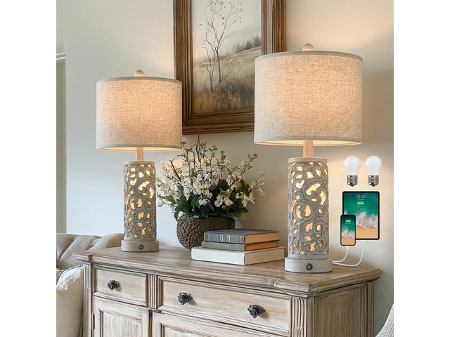 Bedside Table Lamps Set of 2 with Night Light, 22'' Distressed Grey Bedroom Lamps for Nightstand,Hand-Carved Openwork,Built-in USB with...