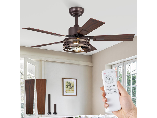 Farmhouse Ceiling Fan with Light & Remote, 42' Caged, DC Motor 6-Speed Adjustable, Quiet and Reversible, 5 Dual-Finish Blades, Rustic Design for...