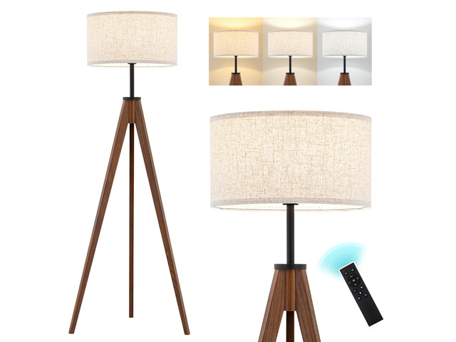 Ash Wood Tripod Floor Lamp Stepless Dimmer & Color Temperature, Remote Control Mid Century Modern Coner Standing Lamp Linen Shade for Living Room...