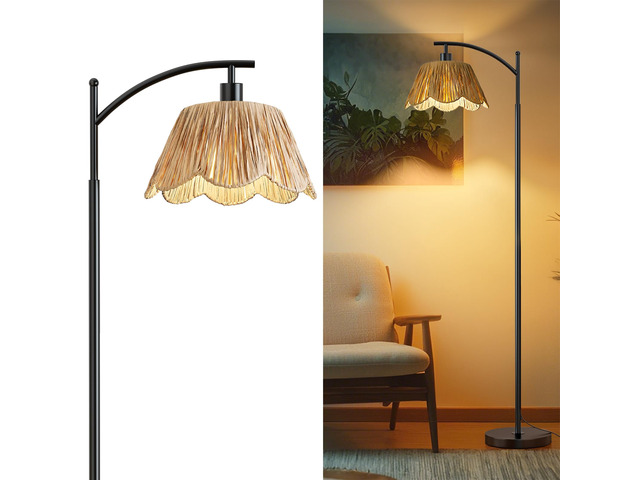 Boho Rattan Floor Lamp for Living Room, Farmhouse Standing Lamp with Hand-Woven Shade, Black Metal Base & Pole, Foot Switch - Corner Reading Lamp...