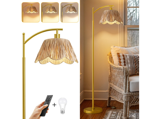 Boho Floor Lamp with 3 Color Temperatures, Farmhouse Floor Lamps for Living Room with Remote & Dimmable Bulb, Rattan Floor Lamp for Bedroom, Gold